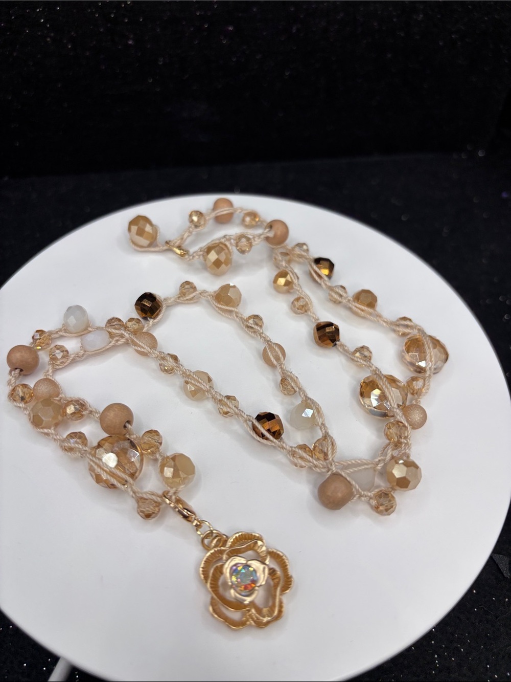 Gold Flower Pendant Beaded Necklace - Neutral Tones - Picture 5 of 7
